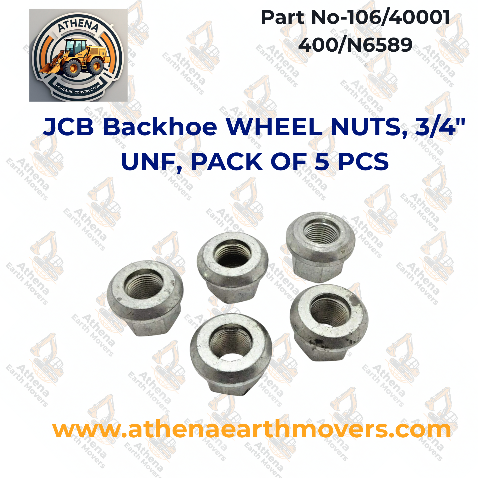 JCB Backhoe WHEEL NUTS, 3/4" UNF, PACK OF 5 PCS (PART NO. 106/40001 400/N6589)
