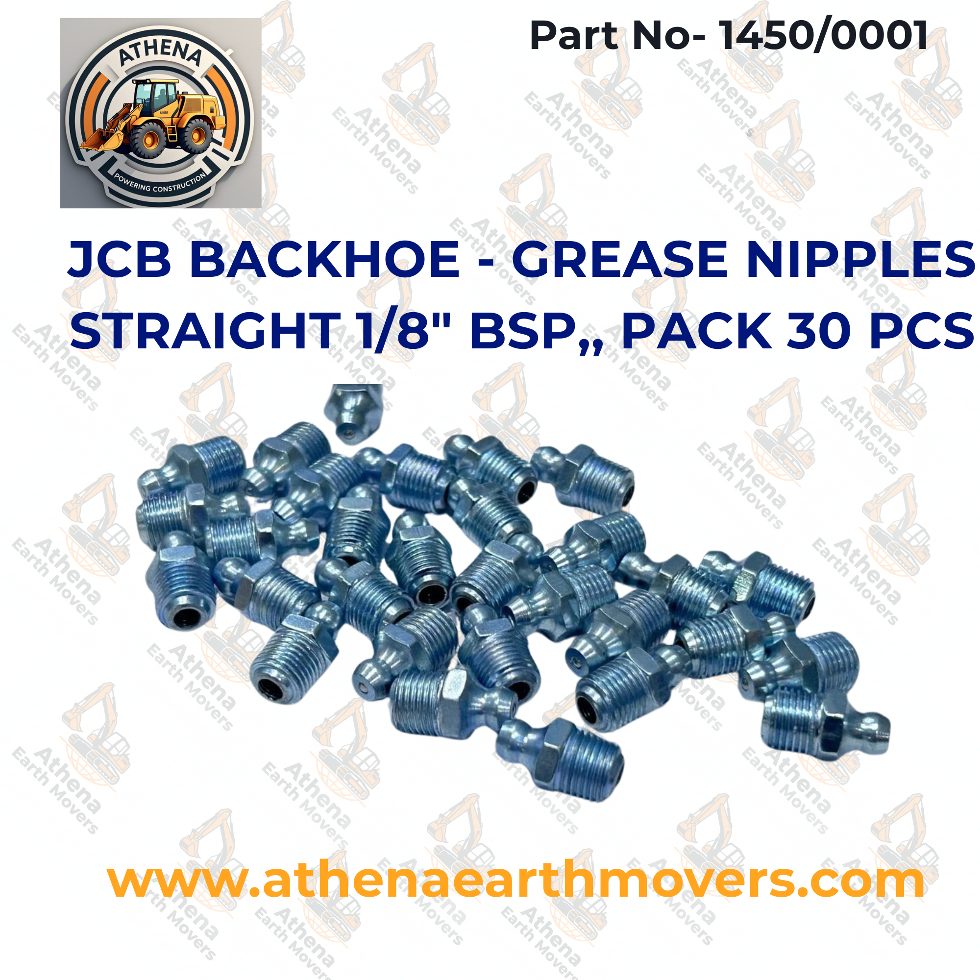 JCB BACKHOE - GREASE NIPPLES STRAIGHT 1/8" BSP,, PACK 30 PCS (1450/0001)