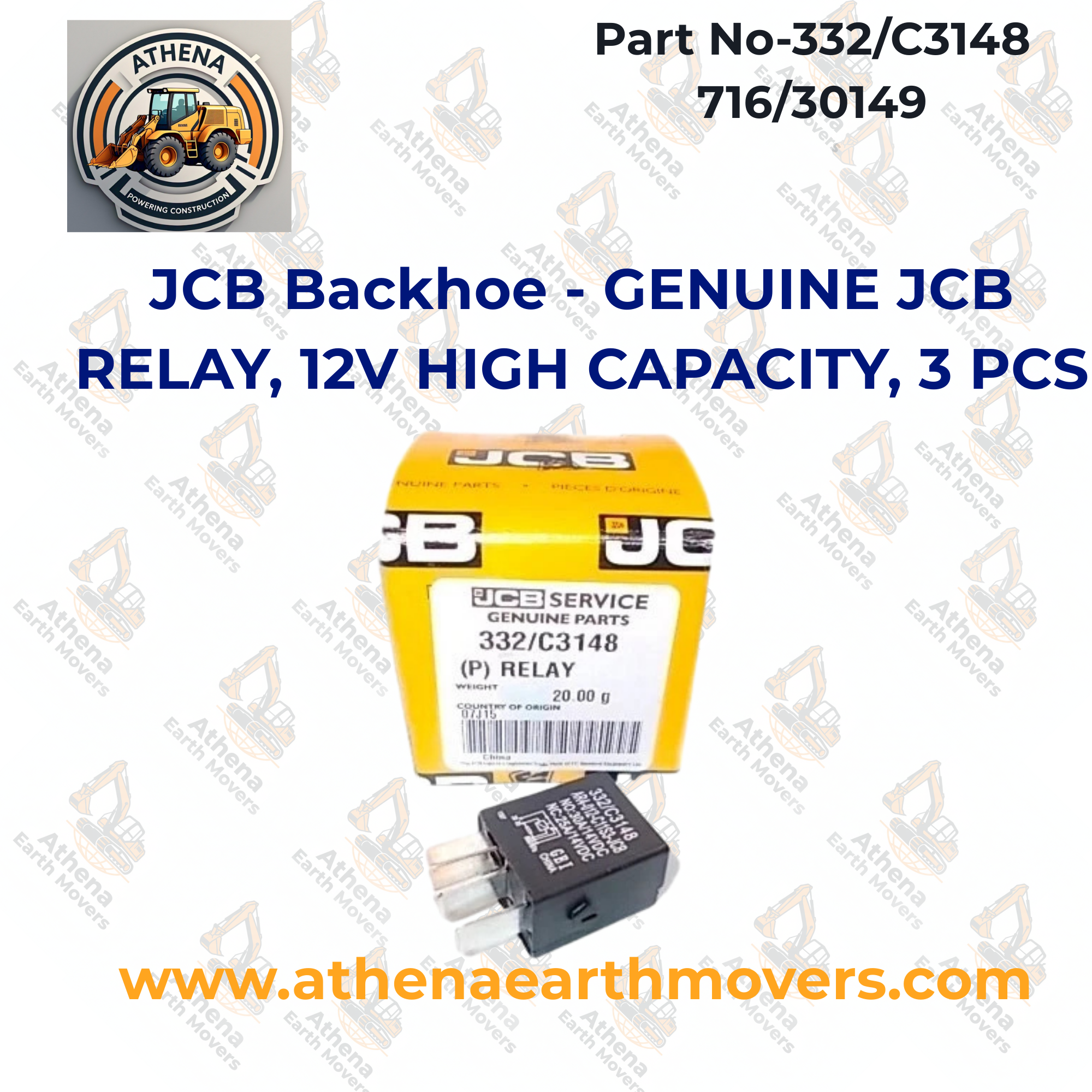 JCB Backhoe - GENUINE JCB RELAY, 12V HIGH CAPACITY, 3 PCS. (332/C3148 716/30149)
