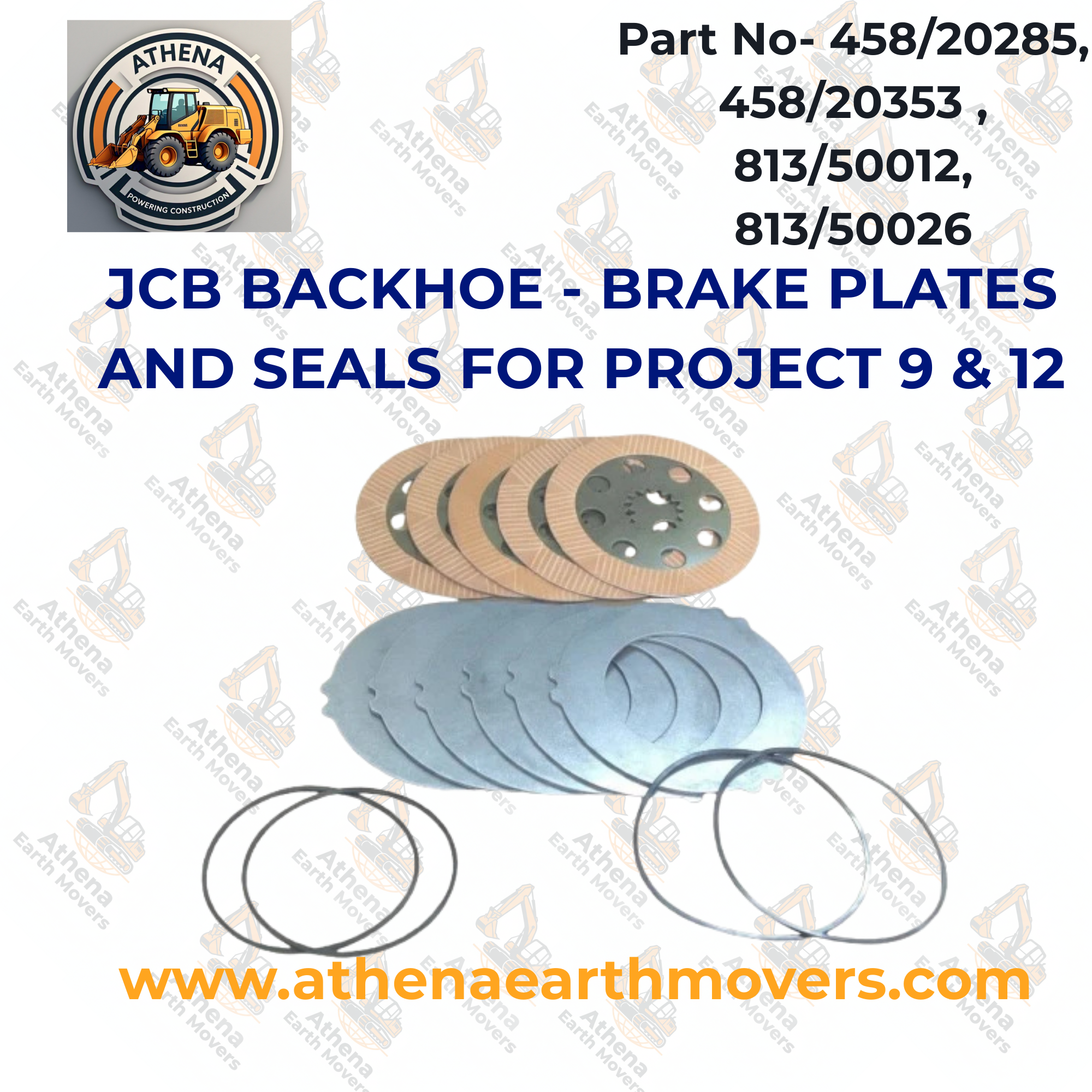 JCB BACKHOE - BRAKE PLATES AND SEALS FOR PROJECT 9 & 12 (6 x 458/20285, 5 x 458/20353 (450/10224), 2 x 813/50012, 2 x 813/50026)