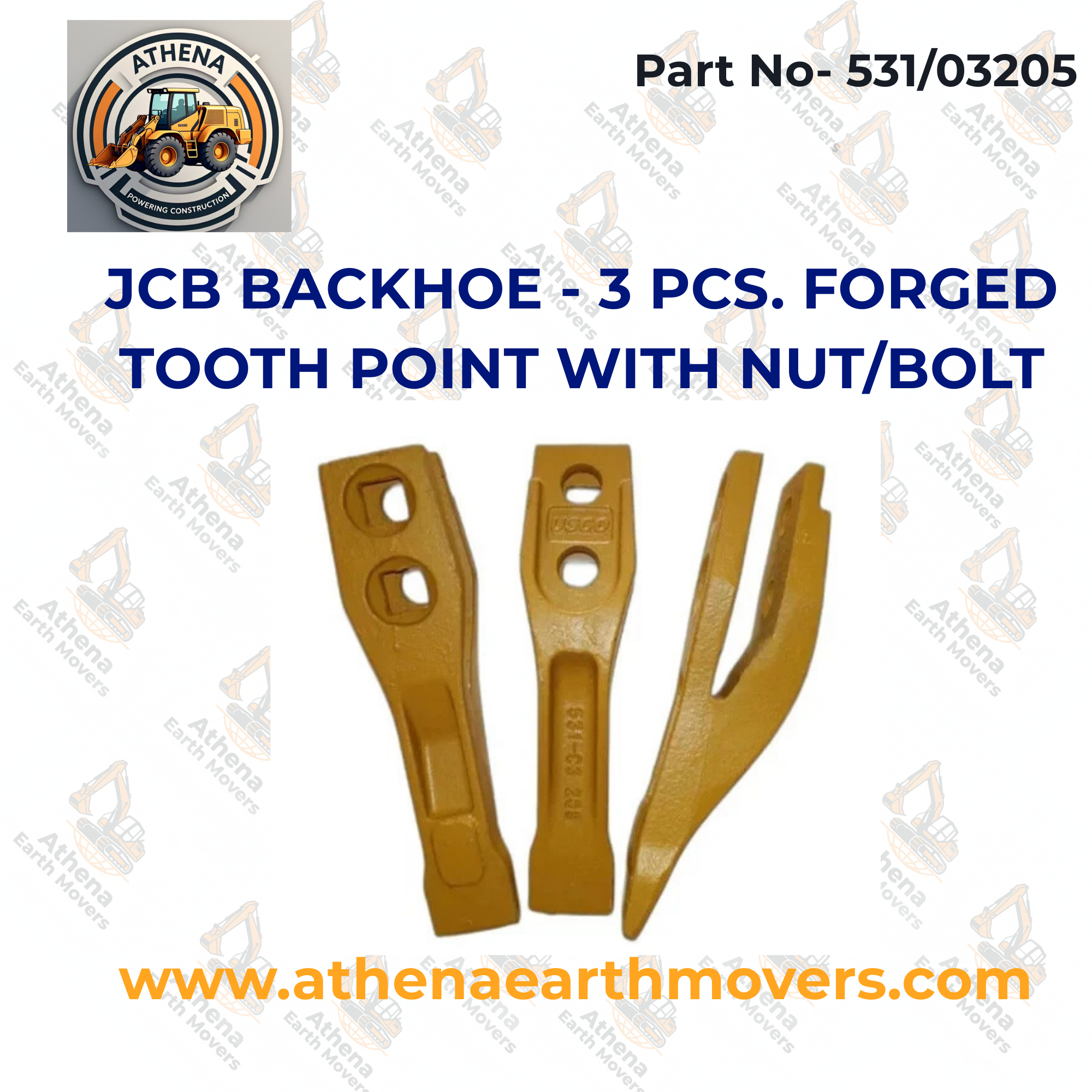 JCB BACKHOE - 3 PCS. FORGED TOOTH POINT WITH NUT/BOLT. (PART NO. 531/03205)