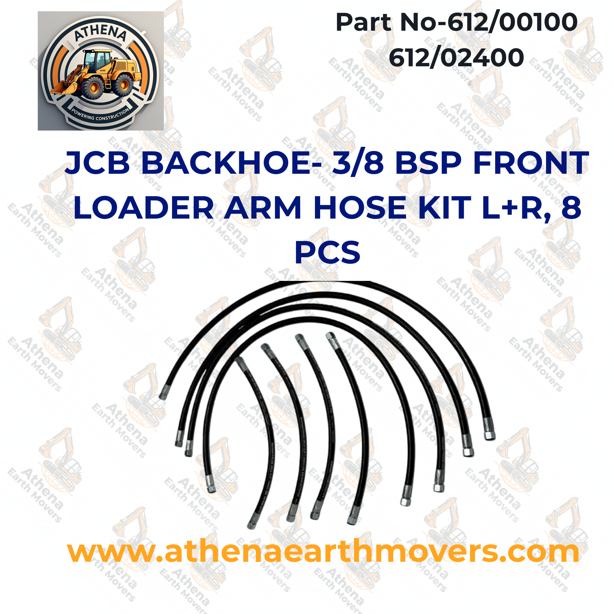 JCB BACKHOE- 3/8 BSP FRONT LOADER ARM HOSE KIT L+R, 8 PCS. (612/00100 612/02400)