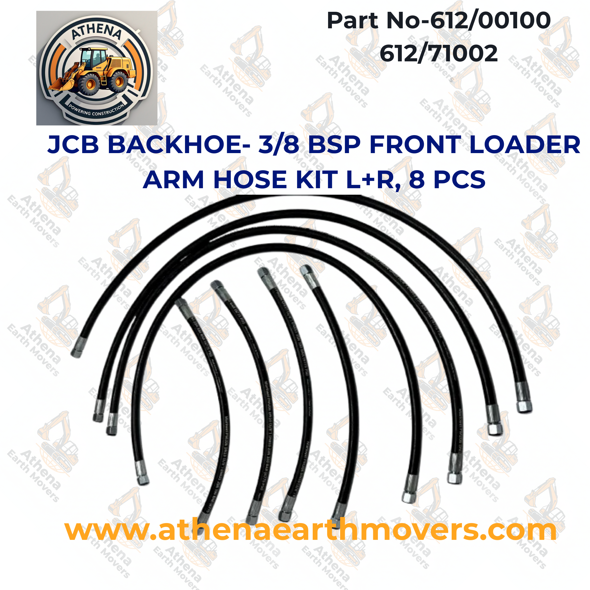 JCB BACKHOE- 3/8 BSP FRONT LOADER ARM HOSE KIT L+R, 8 PCS. (612/00100 612/71002)