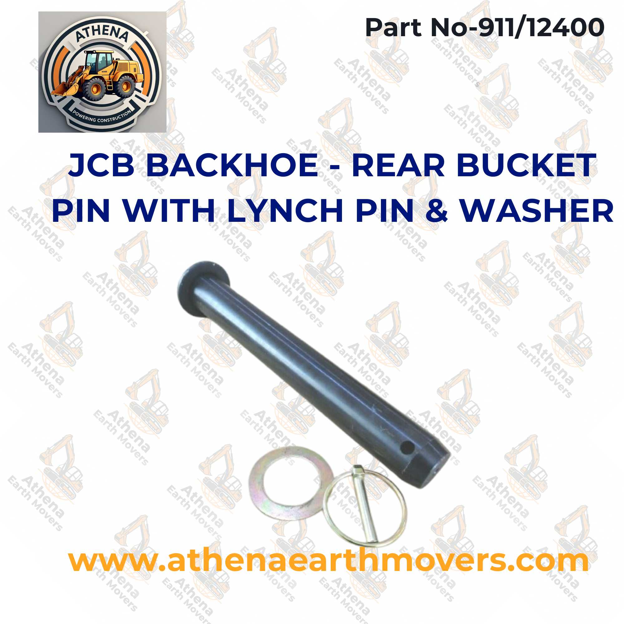 JCB BACKHOE - REAR BUCKET PIN WITH LYNCH PIN & WASHER (PART NO. 911/12400)